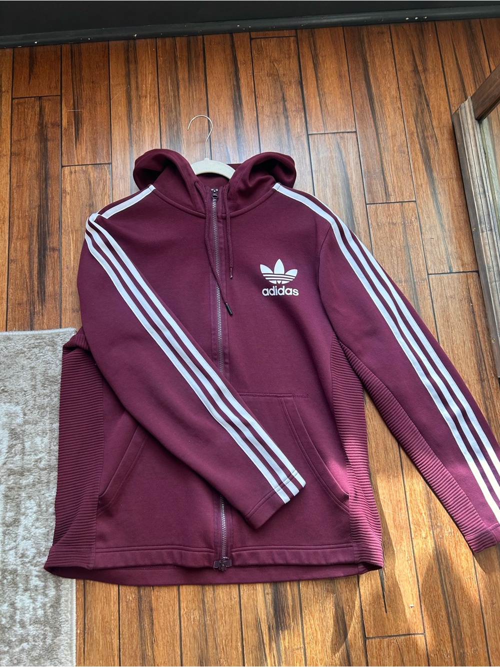 Adidas Maroon Double Zip Hoodie with White 3-Stripes. Size L great condition